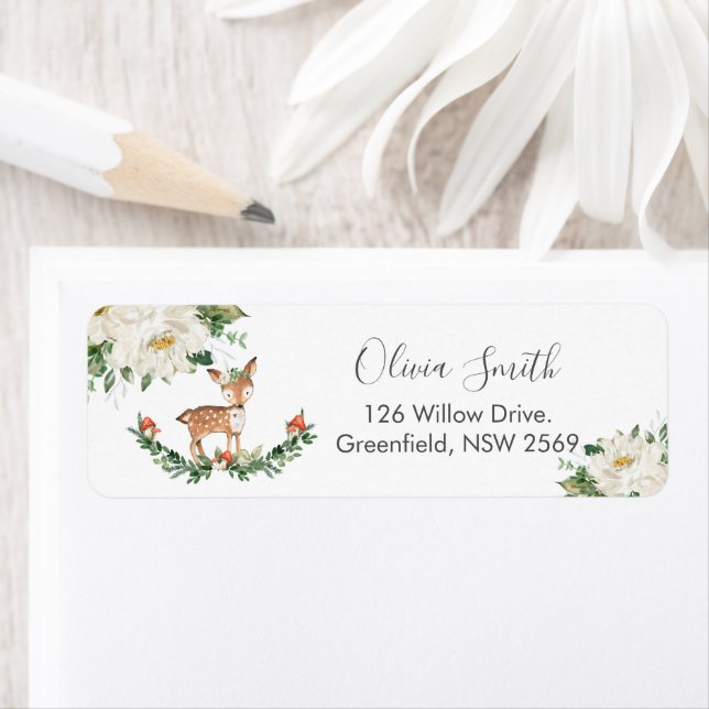 Deer Woodland Ivory White Floral Return Address (Insitu)