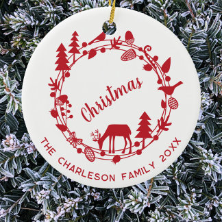 Deer Woodland Wreath Personalised Christmas Ceramic Tree Decoration