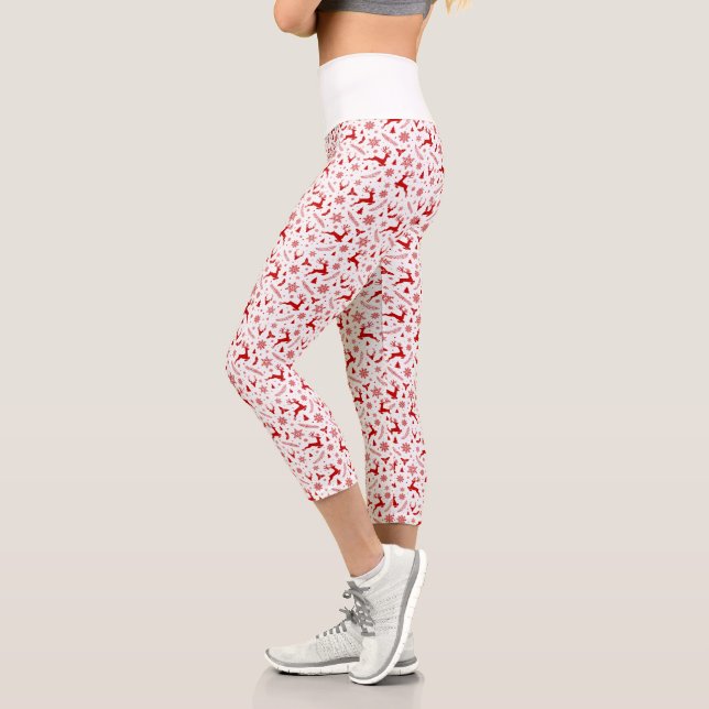 Deers and Snowflakes White & Red Christmas Pattern Capri Leggings (Left)