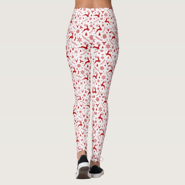 Deers and Snowflakes White & Red Christmas Pattern Leggings (Back)