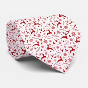Deers and Snowflakes White & Red Christmas Pattern Tie