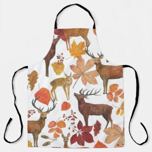 Deers, autumn leaves: watercolor pattern. apron