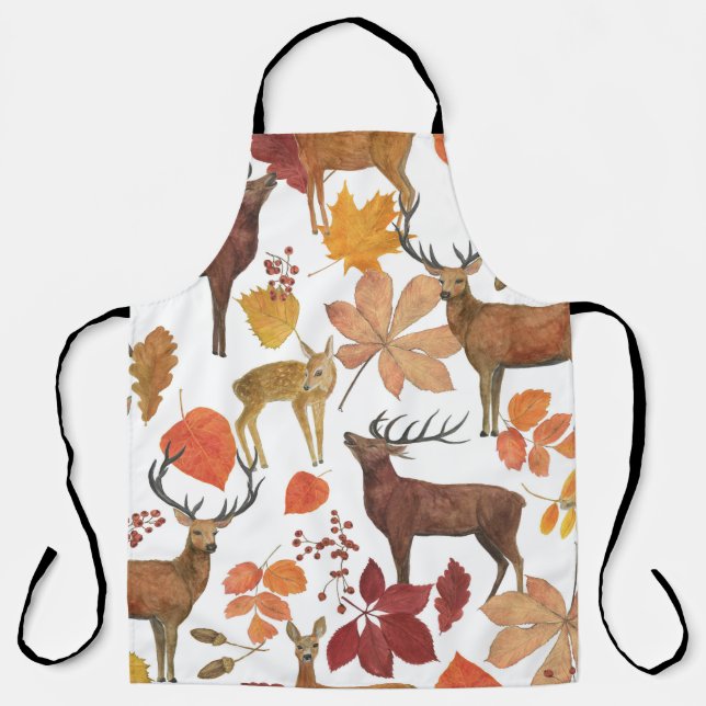 Deers, autumn leaves: watercolor pattern. apron (Front)