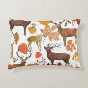 Deers, autumn leaves: watercolor pattern. decorative cushion