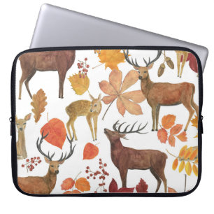 Deers, autumn leaves: watercolor pattern. laptop sleeve