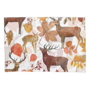 Deers, autumn leaves: watercolor pattern. pillowcase