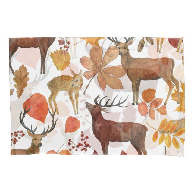 Deers, autumn leaves: watercolor pattern. pillowcase (Front)