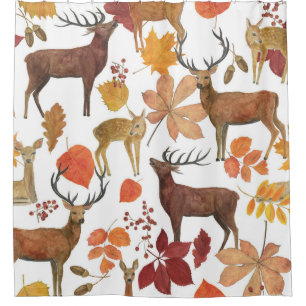 Deers, autumn leaves: watercolor pattern. shower curtain