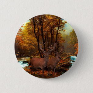 Deers By A Woodland Stream 6 Cm Round Badge