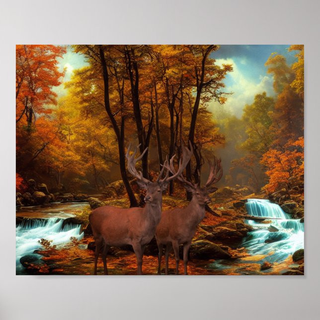 Deers By A Woodland Stream Poster (Front)