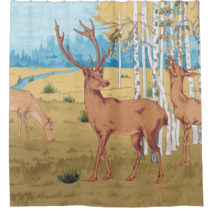 Deers in Forest Vintage Animal Shower Curtain