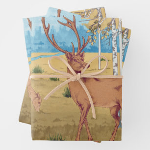 Deers in Forest Vintage Animal Wrapping Paper Sheet