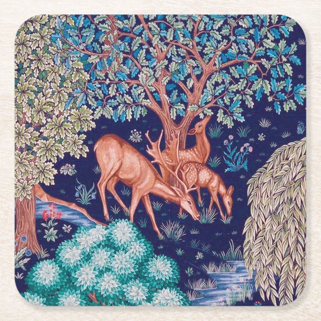 Deers in The Forest, William Morris Square Paper Coaster (Front)