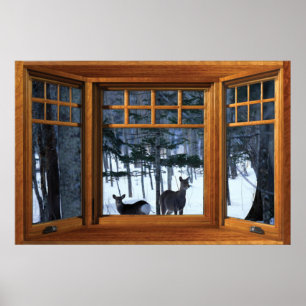 Deers in the Winter Woods View Fake Window Poster