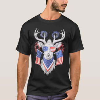Deers With America Flag Western 4Th Of July Huntin T-Shirt