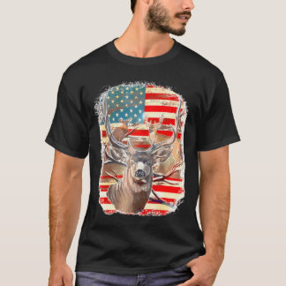 Deers With America Flag Western 4Th Of July Huntin T-Shirt