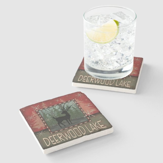 Deerwood Lake' Inspirivity Deer Pine Trees Stone Coaster (Side)