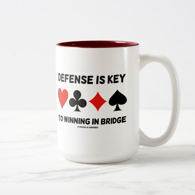 Defence Is Key To Winning In Bridge (Card Suits) Two-Tone Coffee Mug (Right)