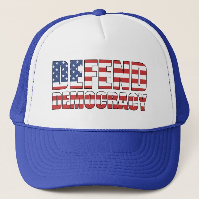 Defend Democracy Pro-Democracy Voting Rights Trucker Hat (Front)