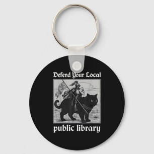 Defend Your Local Public Library Funny Knight Cat  Key Ring