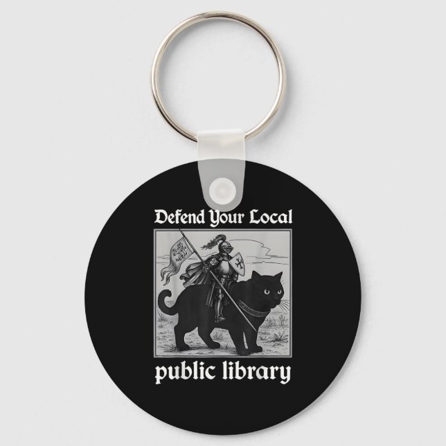 Defend Your Local Public Library Funny Knight Cat  Key Ring (Front)