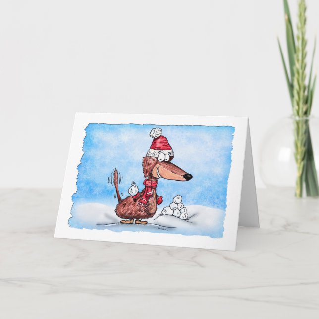 Define Good Mini Dachshund with Snowball Holiday C Card (Front)