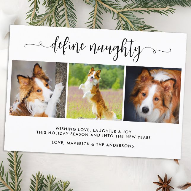 Define Naughty Personalised Funny 3 Pet Photos Holiday Card (Creator Uploaded)