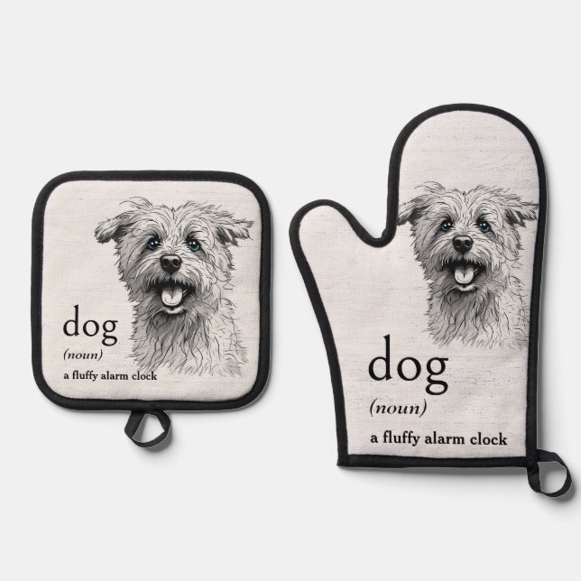 Definition for DOG On Whitewashed Wood Oven Mitt & Pot Holder Set (Front)