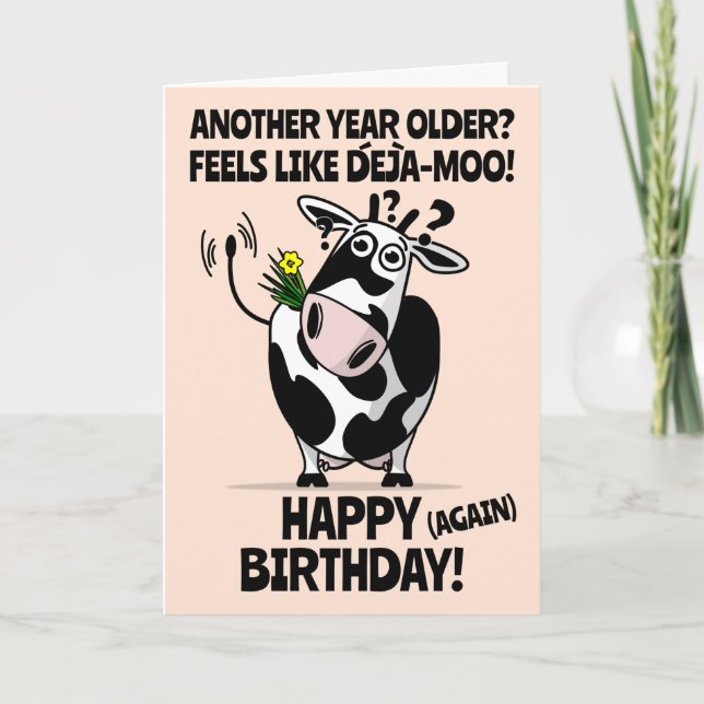 DeJa-Moo! Cute Cartoon Cow Happy Birthday Card (Front)