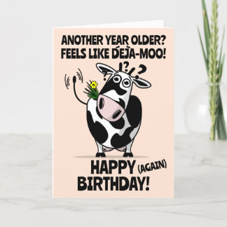 DeJa-Moo! Cute Cartoon Cow Happy Birthday Card