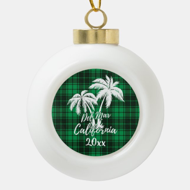 Del Mar California Beach Palm Tree Green Plaid Ceramic Ball Christmas Ornament (Front)