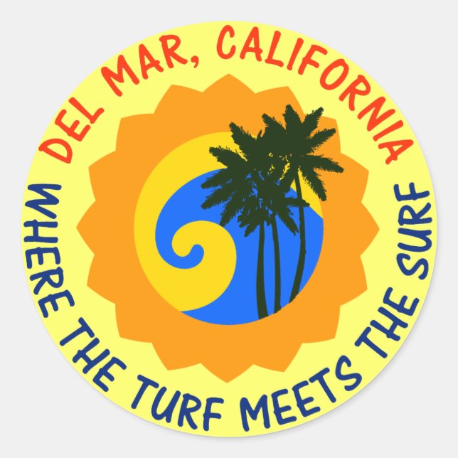 Del Mar, California Where The Turf Meets The Surf Classic Round Sticker (Front)
