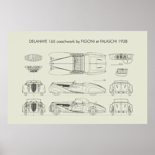 Delahaye 165 Figoni et Falaschi Blueprint Poster (Front)