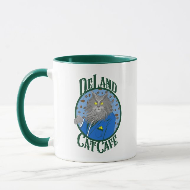 DeLand Cat Cafe's Henry DeCat in blue suit Logo Mug (Left)