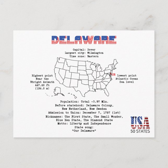 Delaware American state on a map and useful info Holiday Postcard (Front)