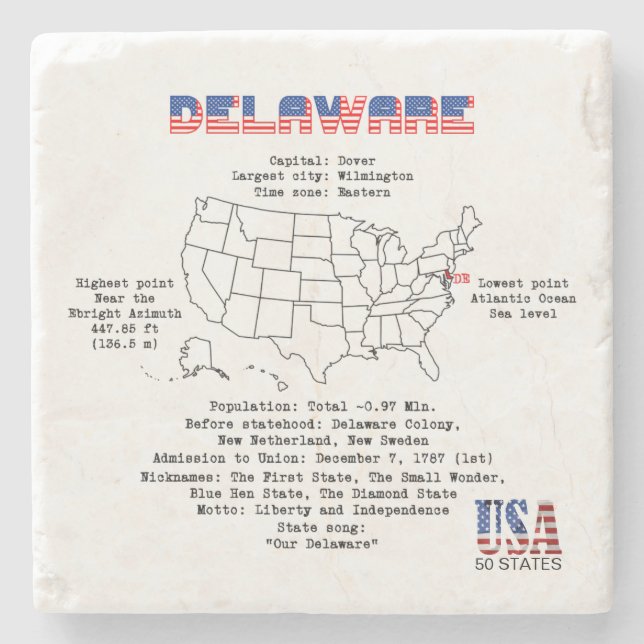 Delaware American state on a map and useful info Stone Coaster (Front)