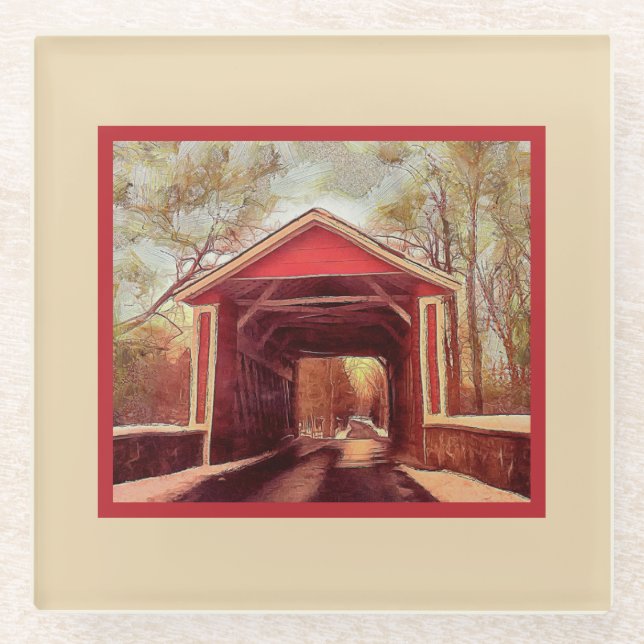 Delaware Ashland Red Covered Bridge on Cream Glass Coaster (Front)