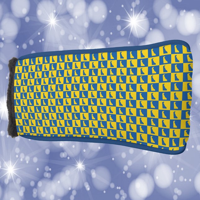 Delaware Checker Blue Yellow Gold Pattern Golf Head Cover (A golf head cover with a blue and gold pattern of Delaware.)