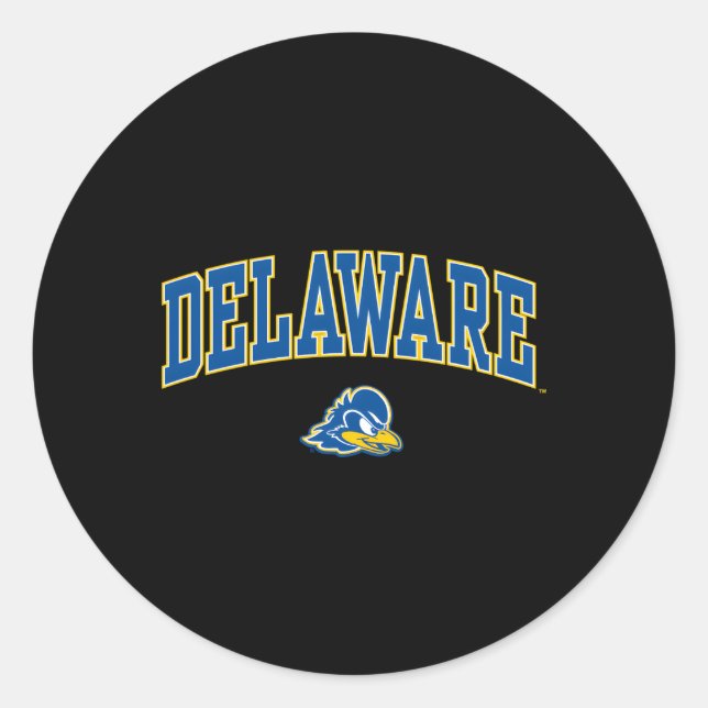 Delaware Fightin' Blue Hens Arch Over Heather Grey Classic Round Sticker (Front)