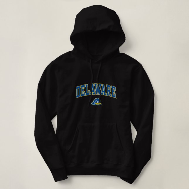 Delaware Fightin' Blue Hens Arch Over Heather Grey Hoodie (Design Front)