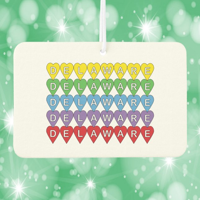 Delaware Hearts Colourful Car Air Freshener (An air freshener that says Delaware with yellow, green, blue, purple and red hearts.)