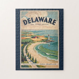 Delaware Lighthouse Illustration Travel Art Retro Jigsaw Puzzle