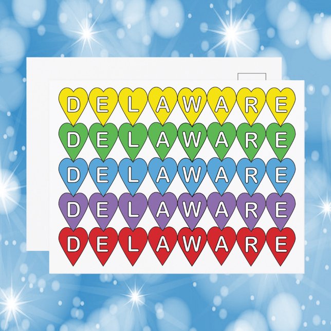 Delaware Rainbow Hearts Postcard (A postcard featuring yellow, green, blue, purple and red hearts wit hthe word Delaware.)