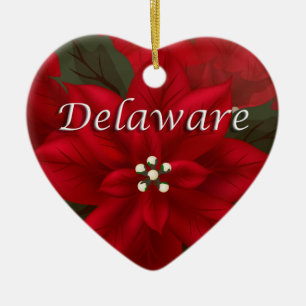 Delaware Red Poinsettia Heart  Keepsake Ornament