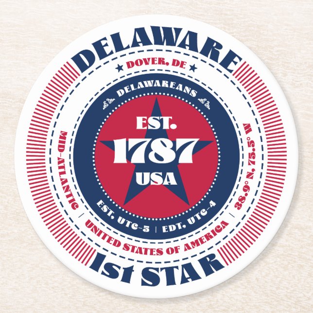 Delaware Red White Blue Typography Paper Coaster (Front)