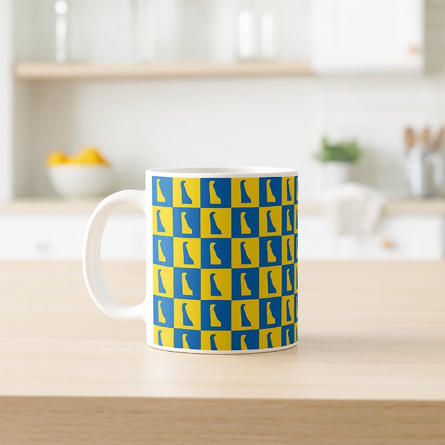 Delaware Silhouette Pop Art Blue Yellow Pattern Coffee Mug (A mug with a blue and gold pattern of the US state of Delaware.)