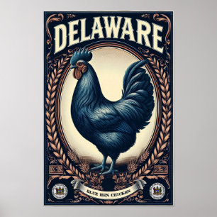 Delaware State Bird - Blue Hen Chicken Vintage Poster