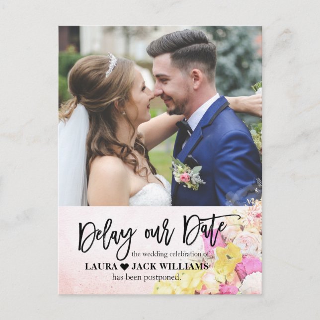 Delay our Date Elegant Wedding Postponement Photo Announcement Postcard (Front)
