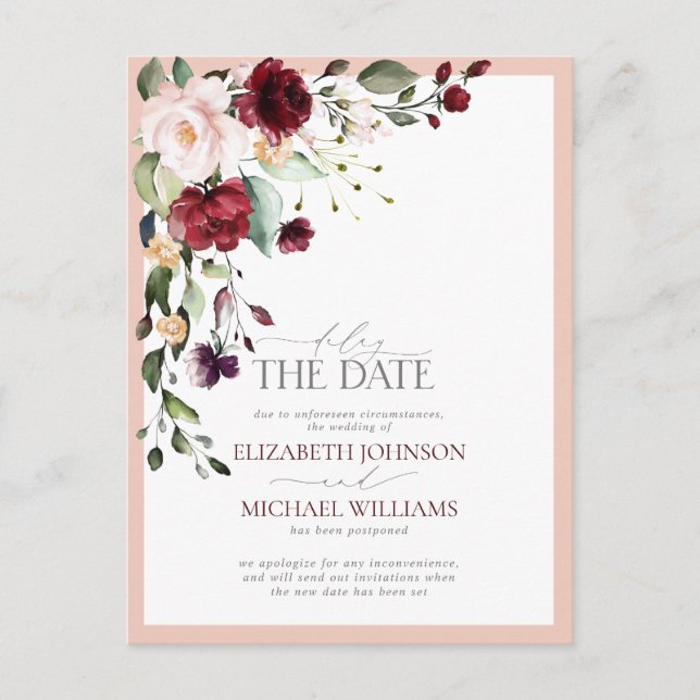 Delay the Date Burgundy Blush Floral Wedding Announcement Postcard (Front)