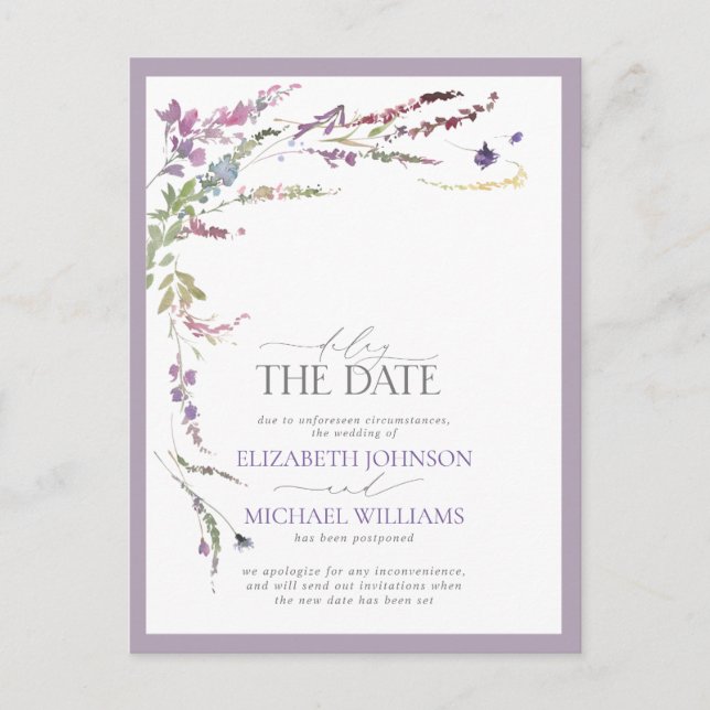 Delay the Date Lilac Lavender Floral Wedding Announcement Postcard (Front)